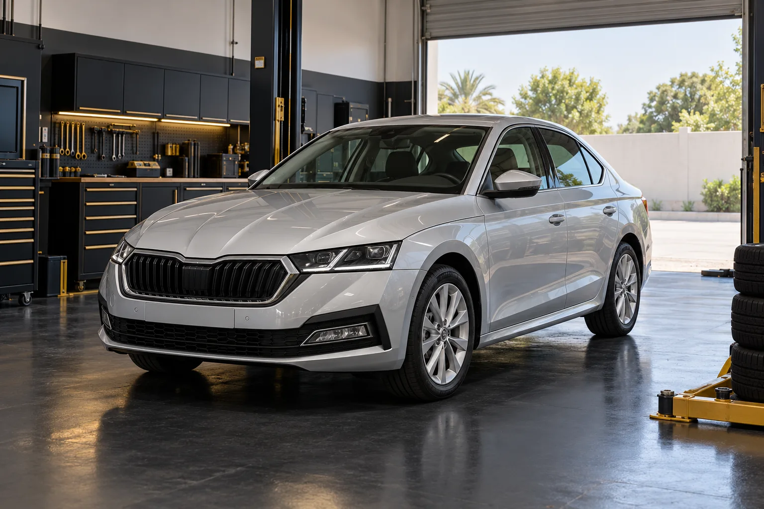 Silver Skoda Octavia liftback in a clean workshop bay