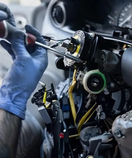 Exposed steering column with the steering wheel removed