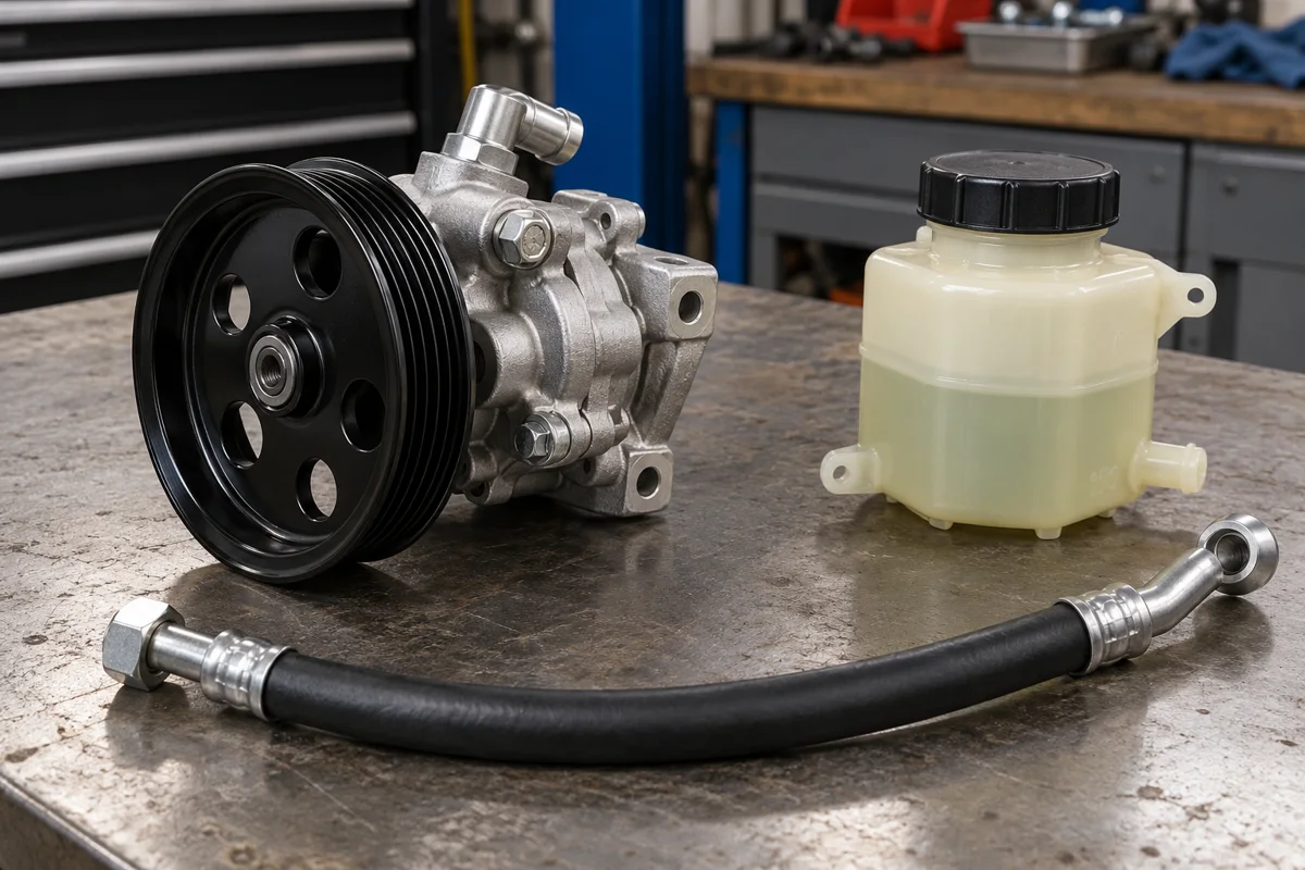 Power steering pump, translucent reservoir and pressure hose on a bench