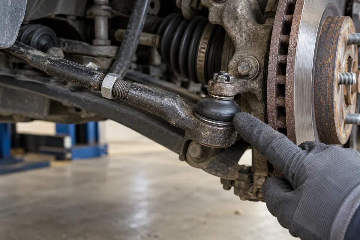 Outer tie rod end and rubber dust boot beside a front steering knuckle