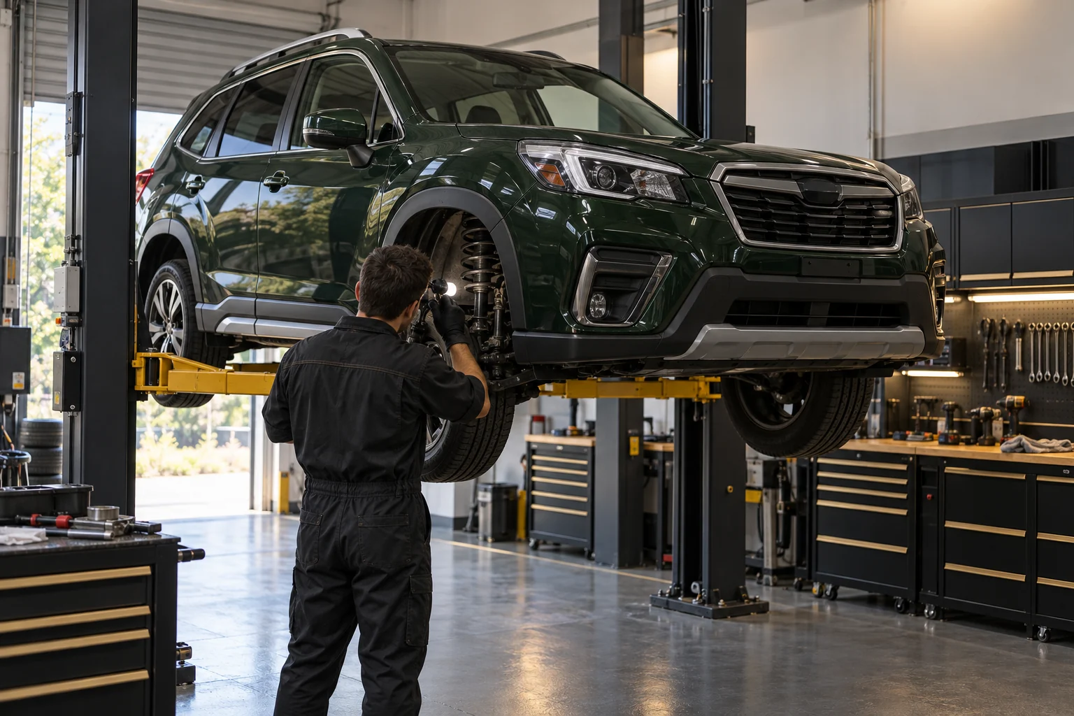 Illustrative Subaru Forester suspension inspection in a workshop