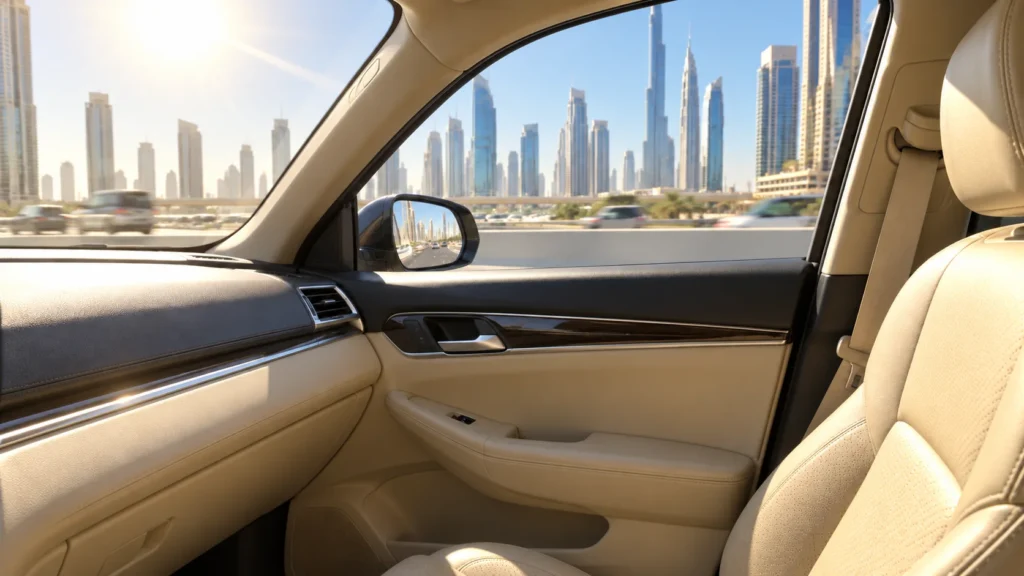 Harsh sunlight through an untinted car window onto the seat and dashboard on a Dubai highway