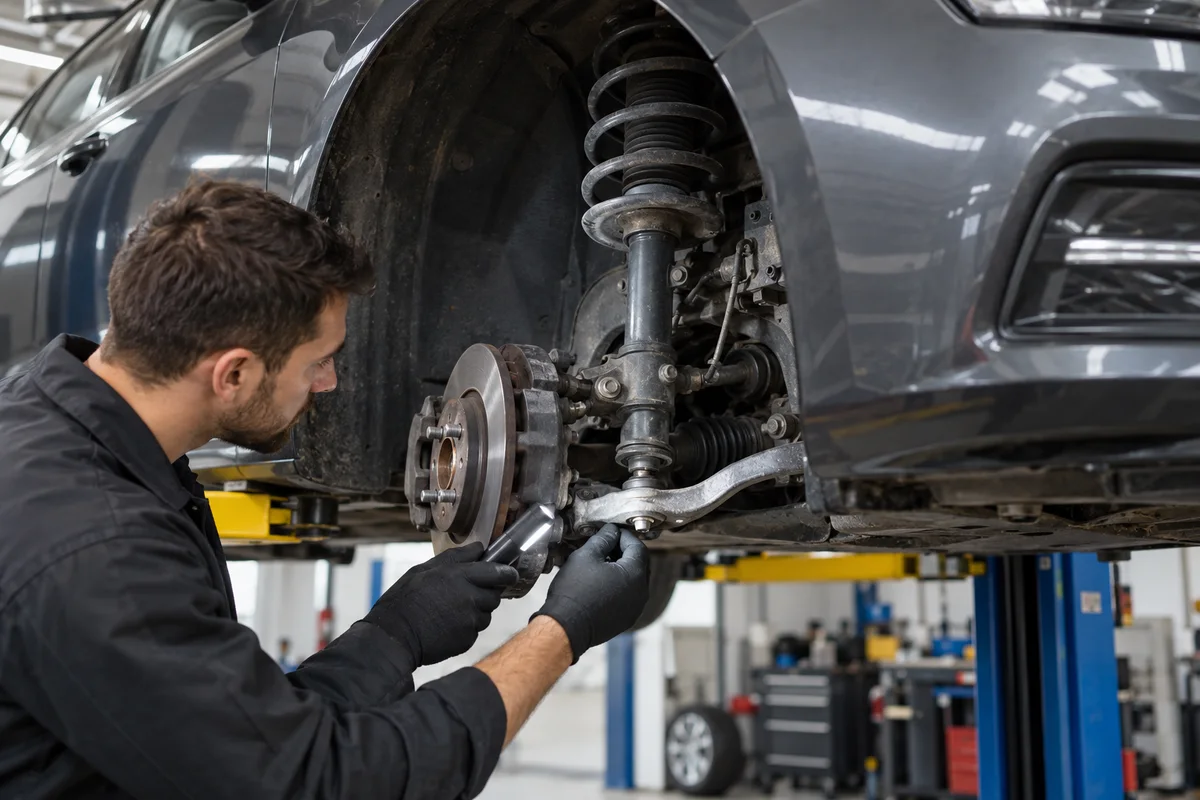 Technician inspecting a front suspension strut and lower control arm