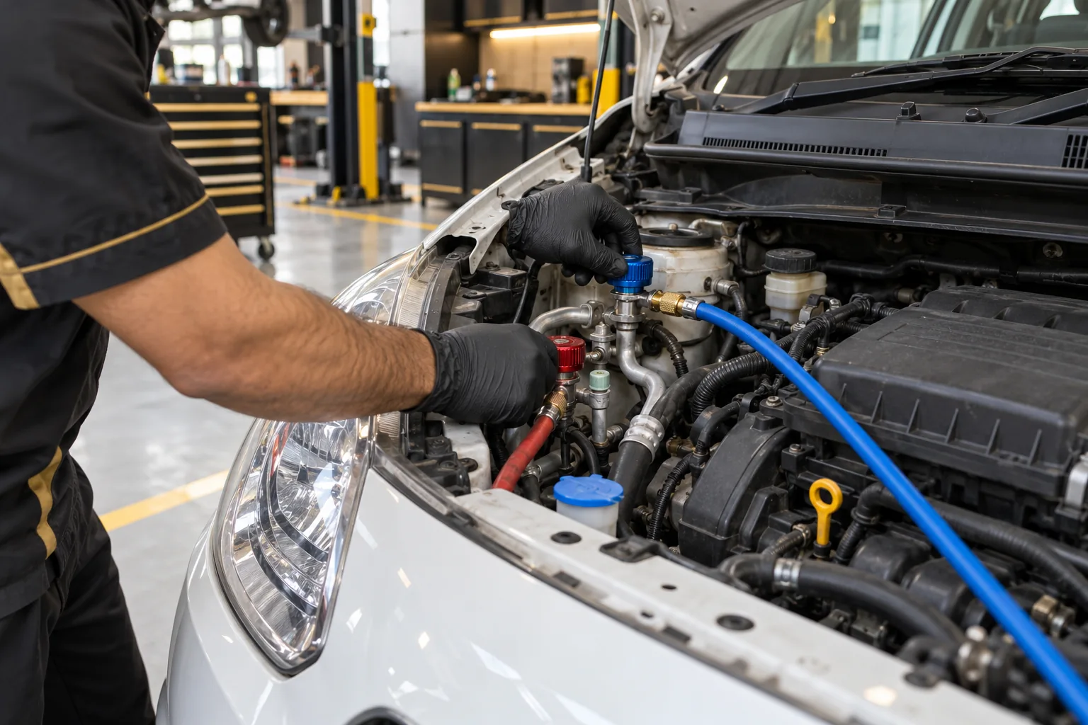 Illustrative AC service connection checks in a compact Suzuki engine bay
