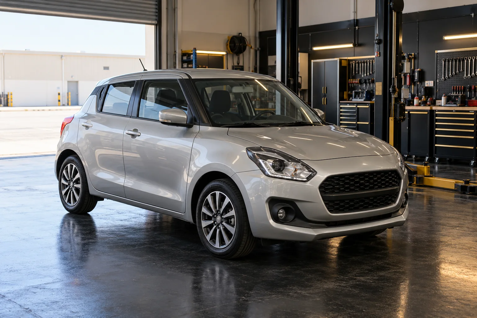 Illustrative silver Suzuki Swift hatchback in a clean workshop bay