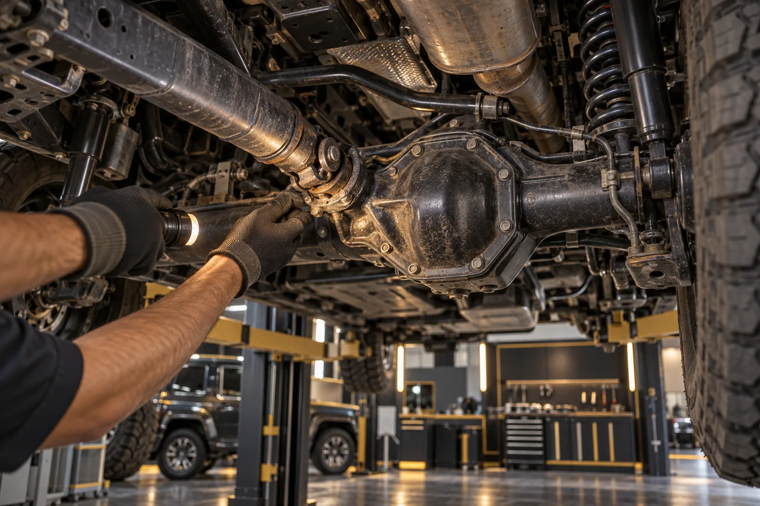 Technician inspecting a 4x4 rear differential and driveshaft