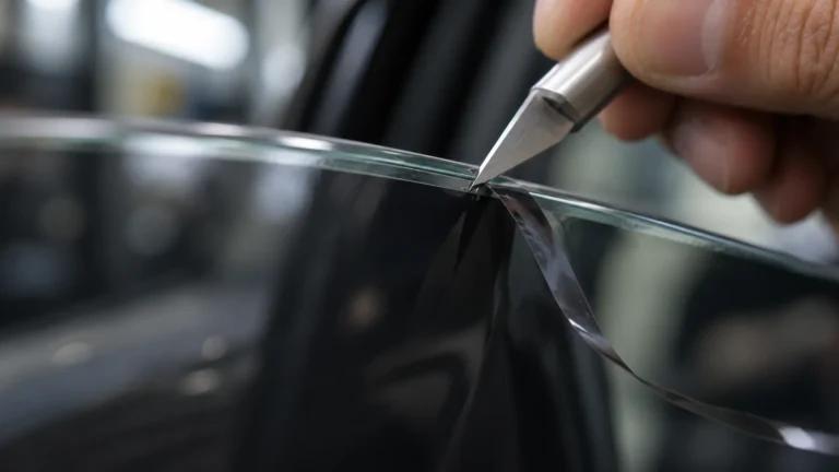 Blade trimming tint film along the edge of a car window