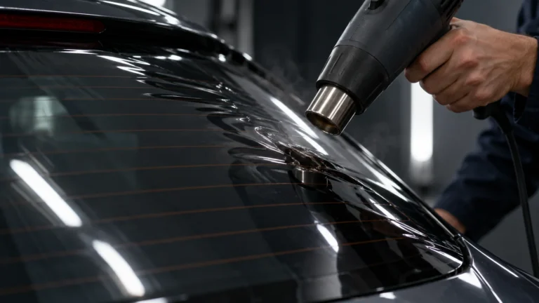 Heat gun shrinking tint film onto a curved rear windscreen