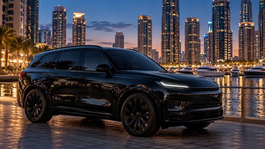 Black SUV with tinted windows at Dubai Marina at dusk