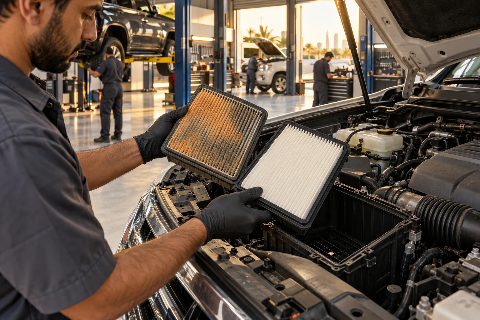 Dirty desert air filter beside a clean replacement in a Land Cruiser engine bay