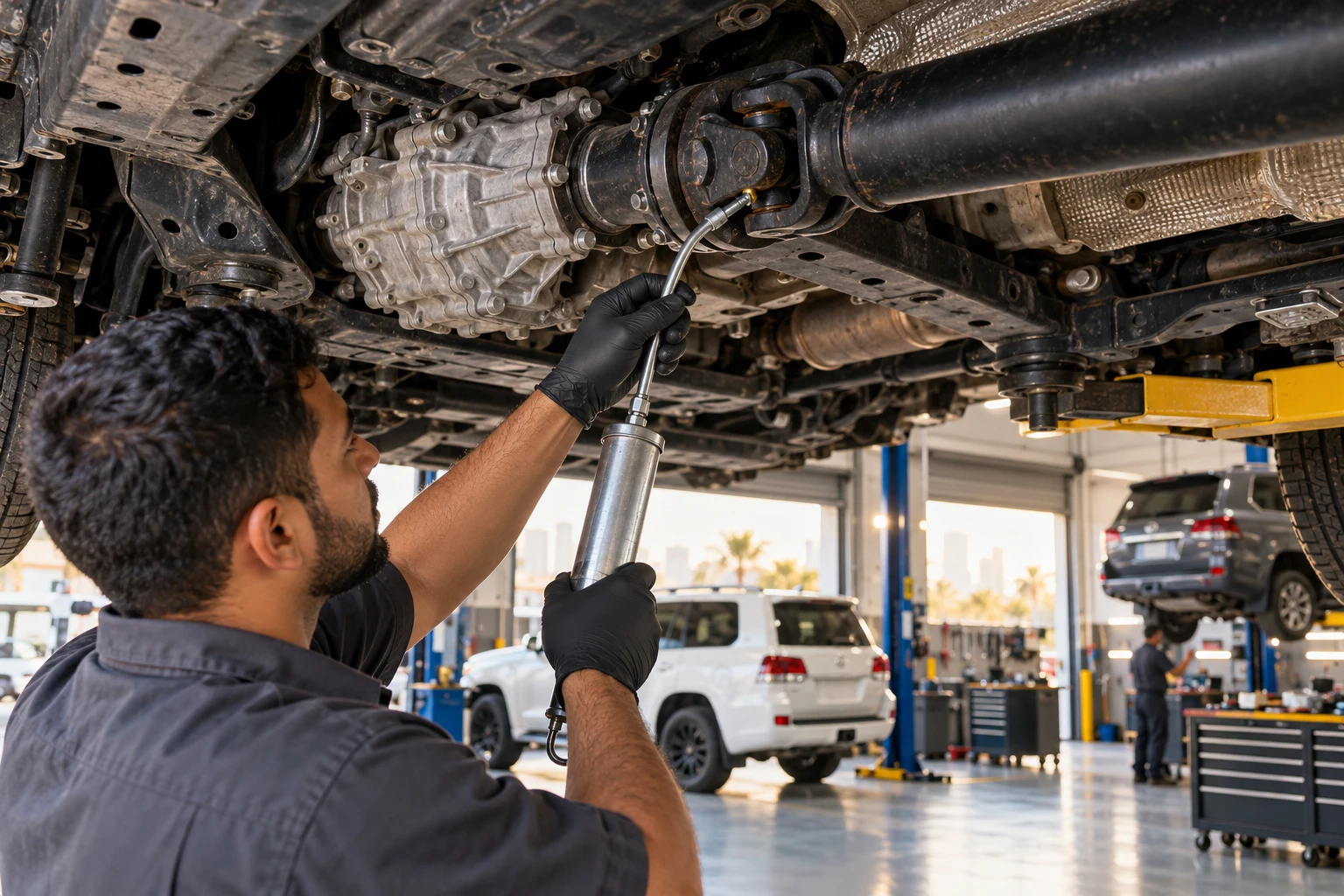 Technician greasing a driveshaft joint during a Toyota service