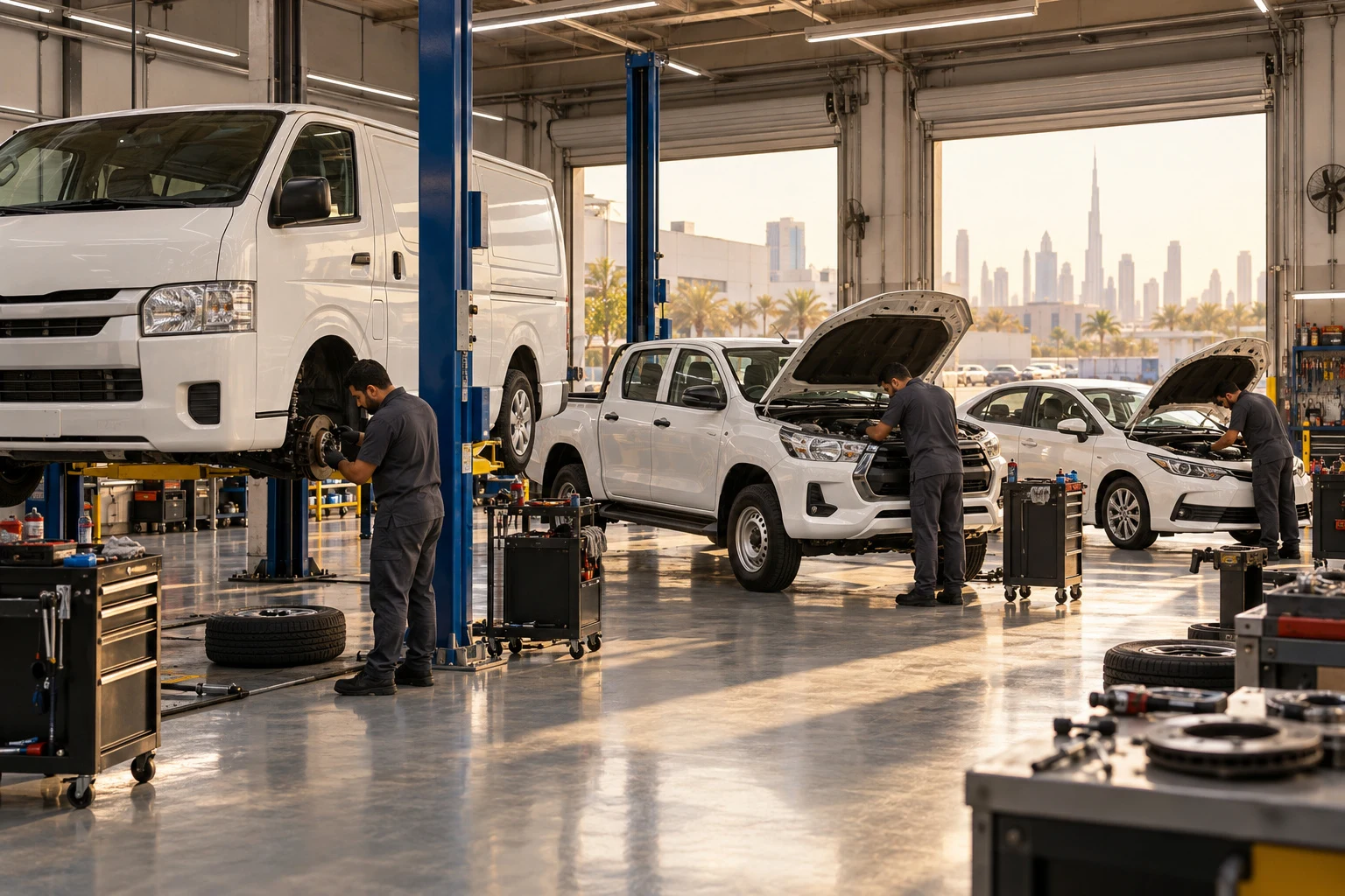 Hiace, Hilux and Corolla fleet vehicles being serviced in a workshop