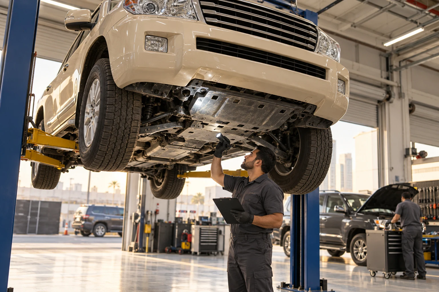 Car on a lift during an inspection