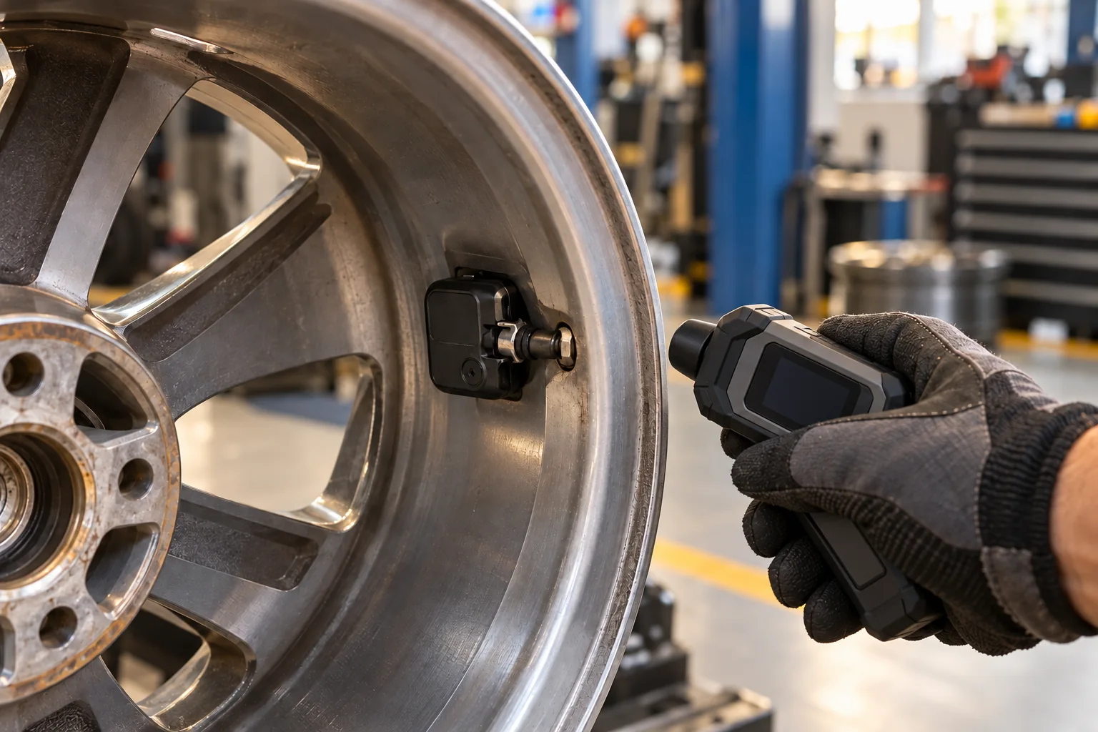 Tyre pressure sensor valve being checked