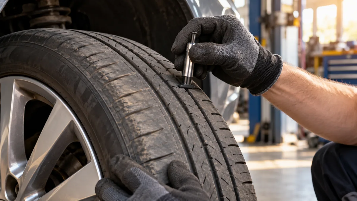 Tread depth being checked on a stationary car tyre