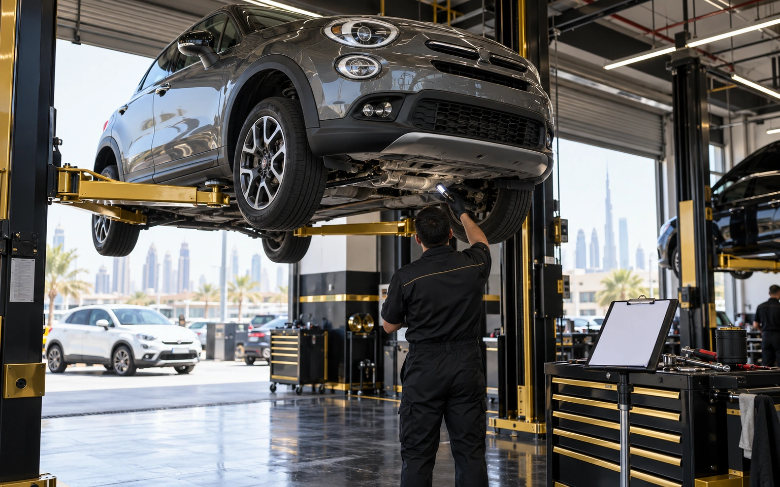 Used Fiat crossover undergoing an underbody inspection