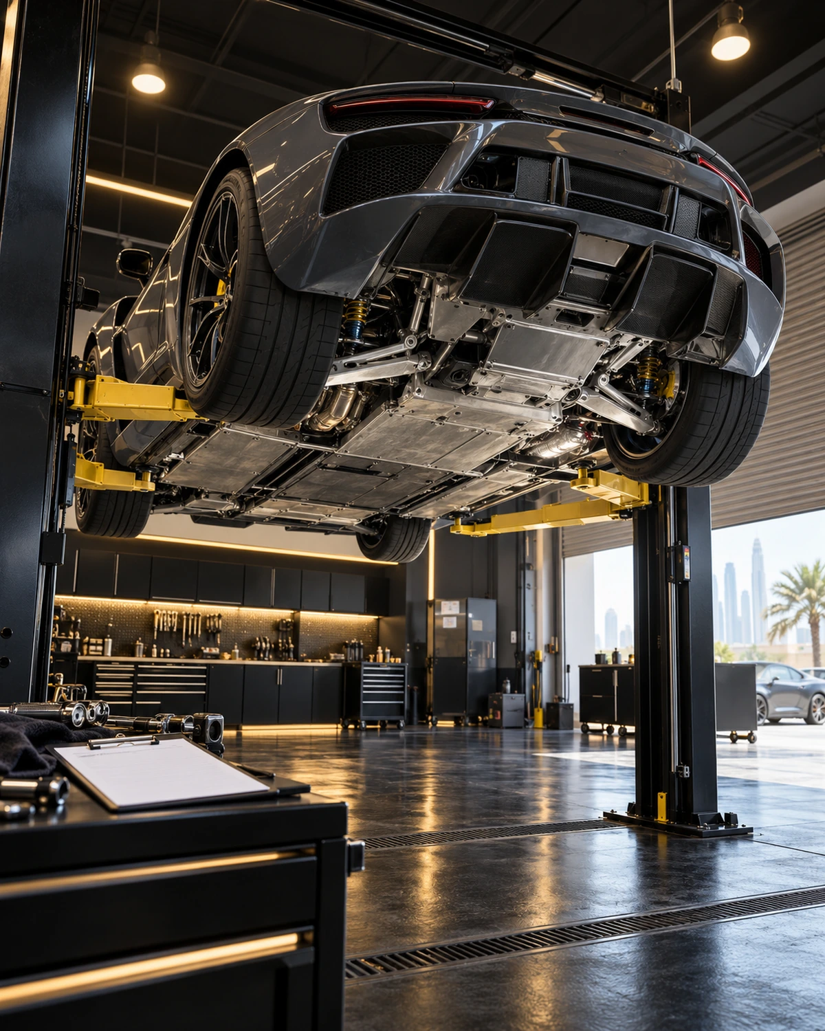 Used mid engine sports car underbody inspection on a lift