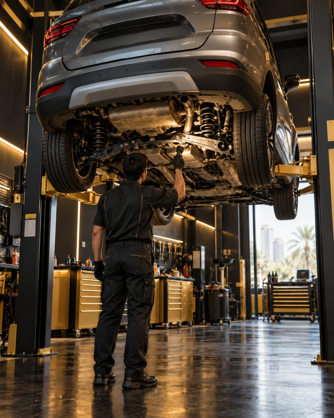 used compact SUV raised on a lift during a pre purchase underbody inspection