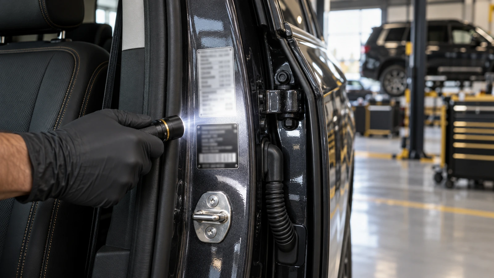 Gloved hand using a torch to check the VIN and specification labels on an SUV door pillar