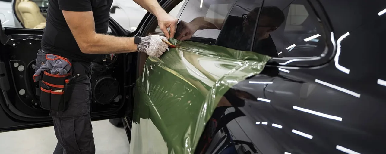 Installer applying green vinyl film to a car door
