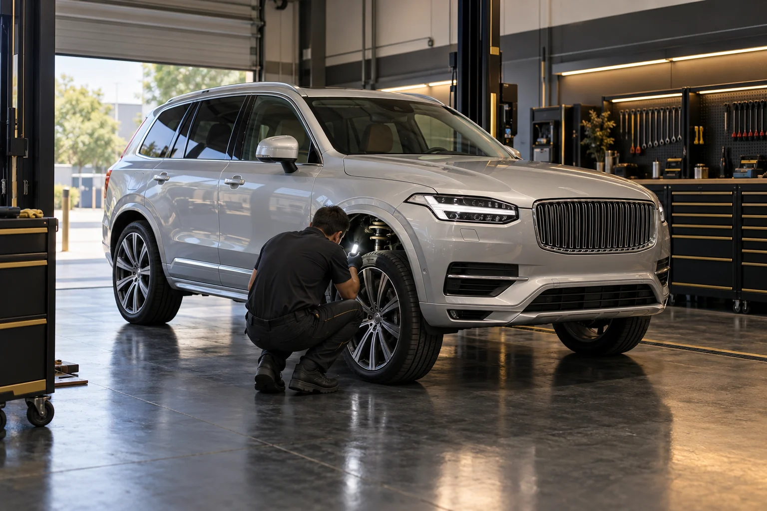 Illustrative Volvo XC90 suspension inspection in a workshop
