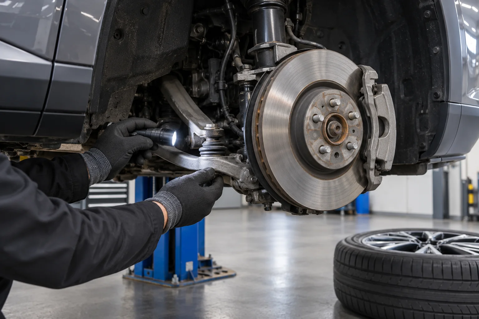 Technician checking the brakes and suspension of a car raised on a workshop lift
