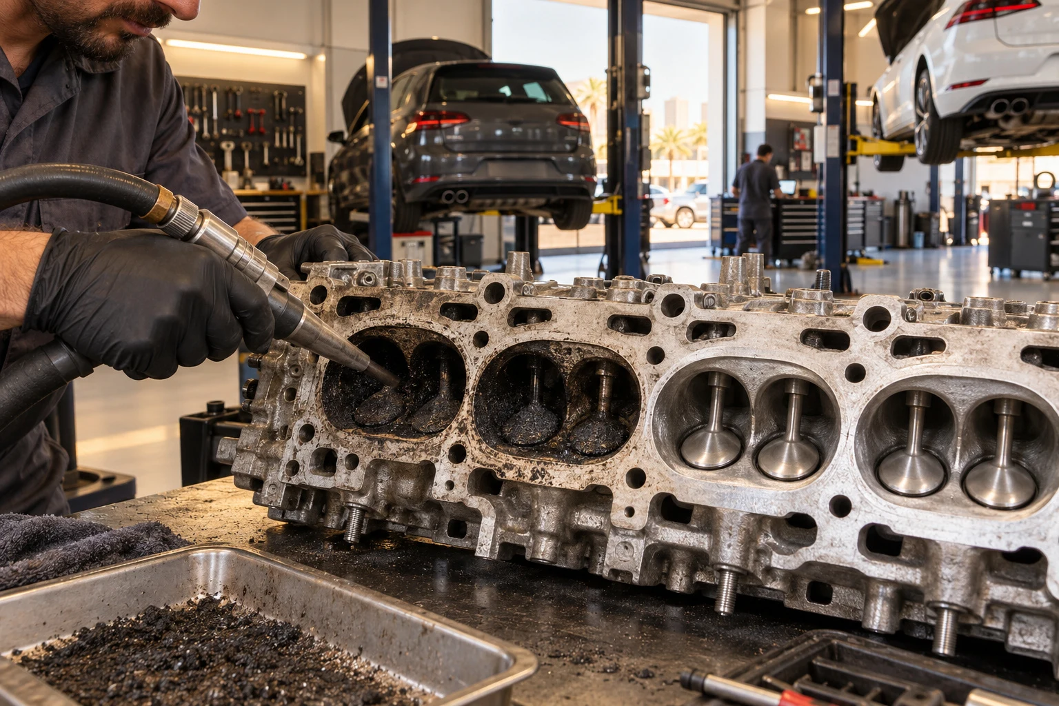 Carbon-covered and cleaned intake valves during walnut blasting