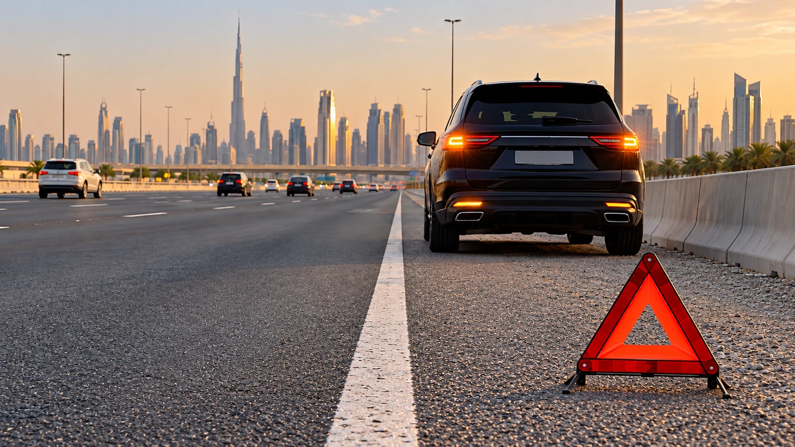 Warning triangle placed behind a stopped car on a road shoulder
