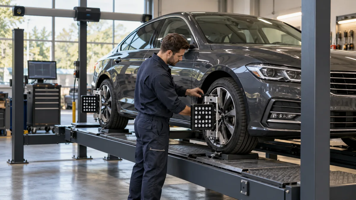 Optical alignment targets mounted on a car on a drive-on rack