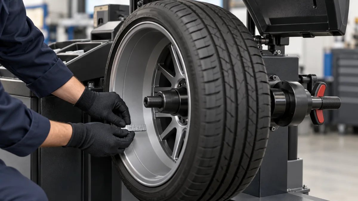 Wheel and tyre assembly mounted on a stationary balancing machine