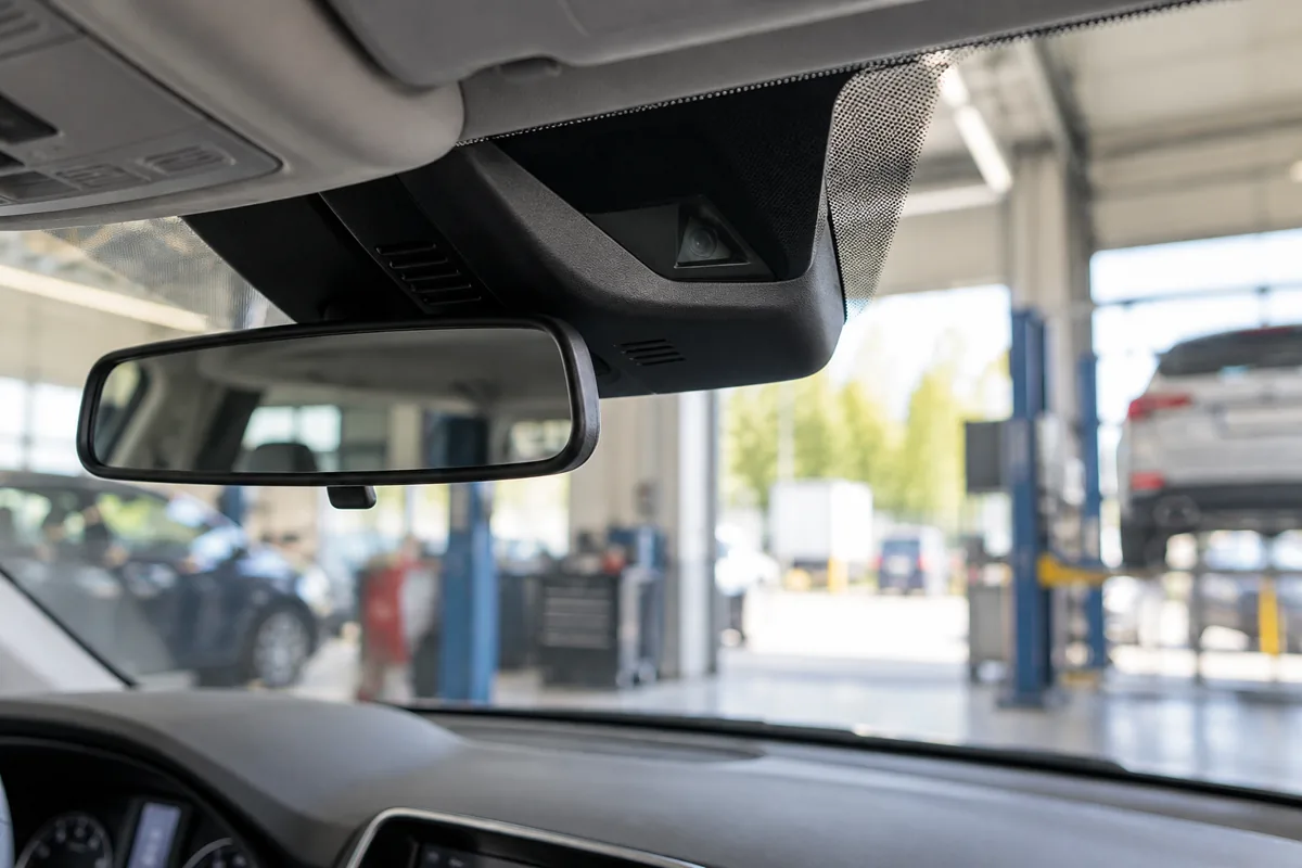 Forward camera housing at the top of a car windscreen