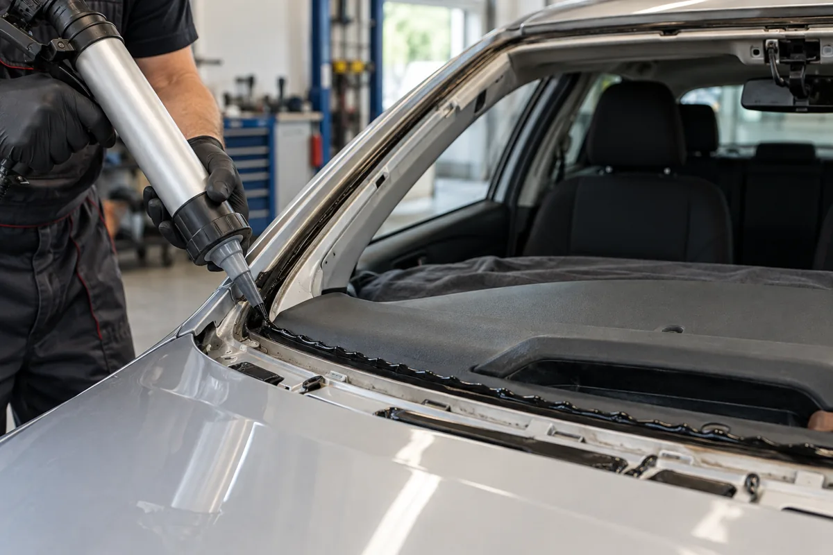 Black adhesive bead being applied around a windscreen opening