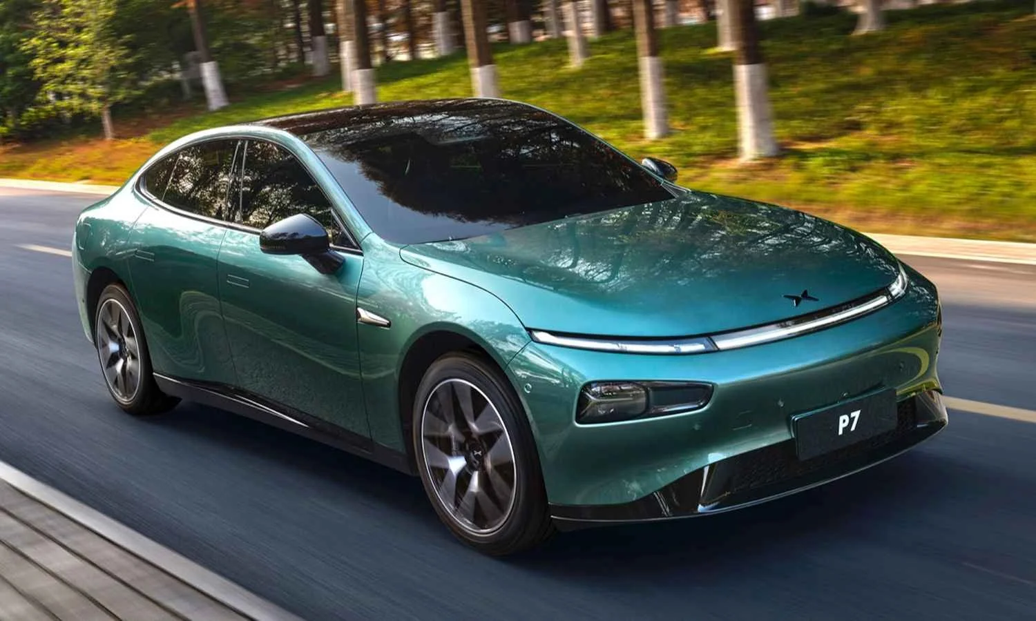 Green older XPeng P7 sedan