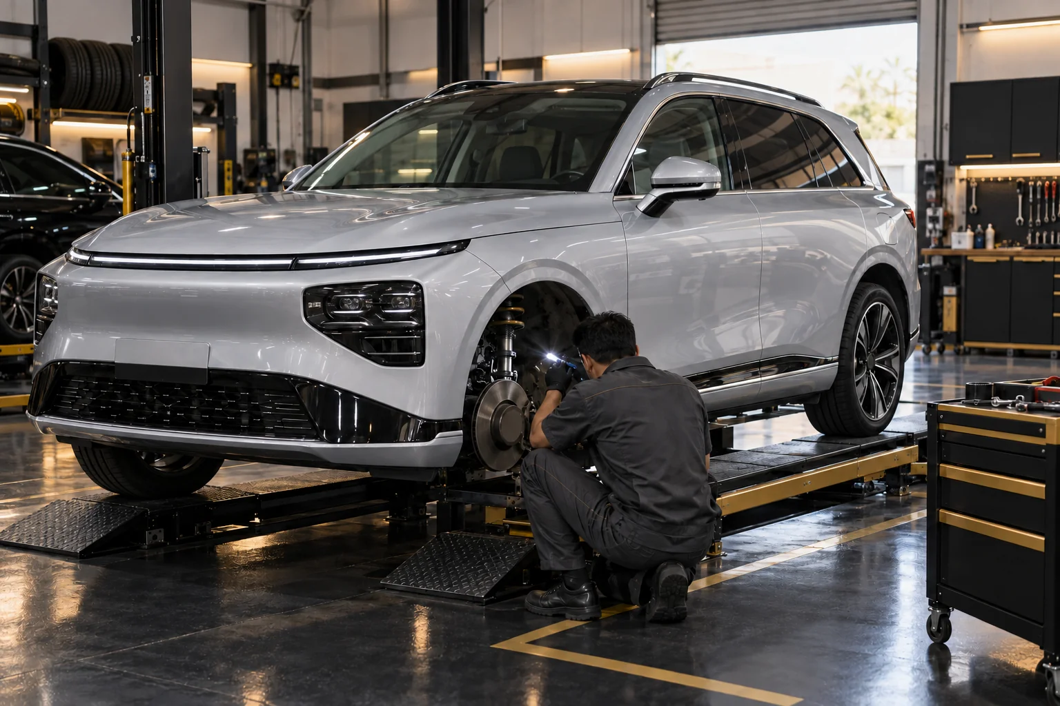 Illustrative XPeng G9 brake and suspension inspection in a workshop