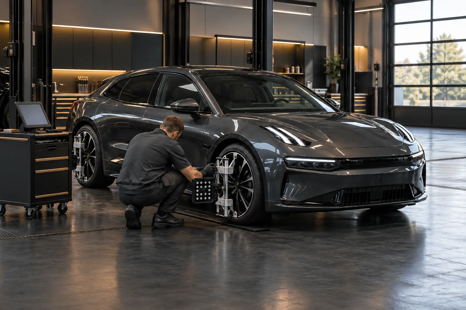 Illustrative Zeekr 001 wheel-alignment check in a workshop